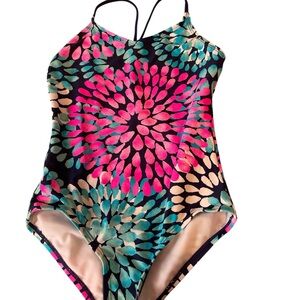 Girls' Floral Burst One-Piece Swimsuit in Pink, Teal & Black